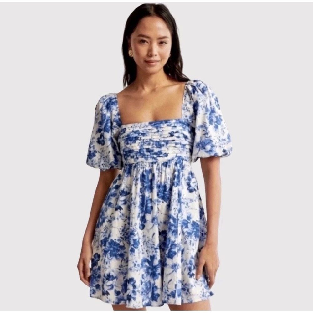 Abercrombie & Fitch Mini Dress Womens Medium P Blue Floral Puff Sleeve Smock